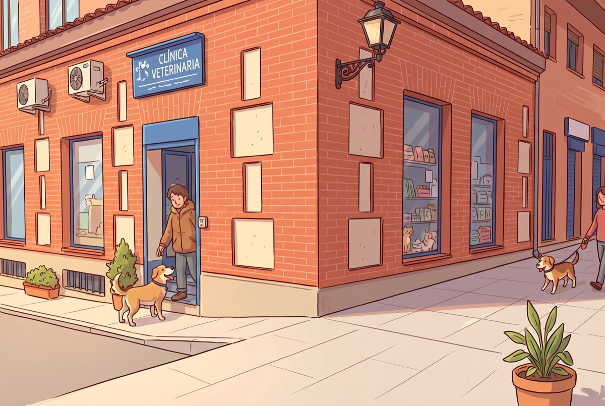 Ilustración de la Clínica Veterinaria Sevivet con un perro y su dueño en la puerta